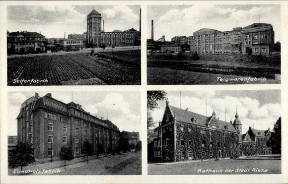 Ak Riesa an der Elbe Sachsen, Seifenfabrik, Zündholzfabrik, Teigwarenfabrik, Rathaus der Stadt Ri