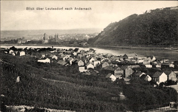 Postcard Leutesdorf on the Middle Rhine, view over Leutesdorf to Andernach, houses, river, hills