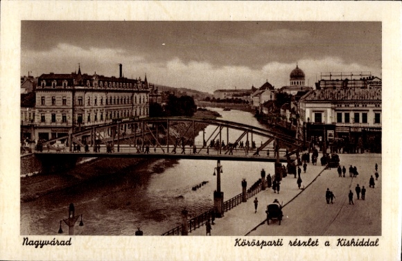 Ak Oradea Nagyvárad Roemenië, brug, rivier, gebouwen, mensen, sepia toon