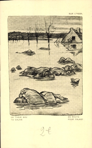 Artist Postcard Raemaerkers, Battlefield Yser, on the way to Calais, fallen soldiers, WWI