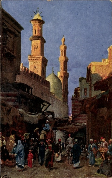 Artysta KP Wuttke, Kair Kair Egipt, scena uliczna, minaret, miejscowi