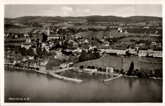 Postcard Meersburg on Lake Constance, aerial view of Meersburg, houses, vineyards, Lake Constance