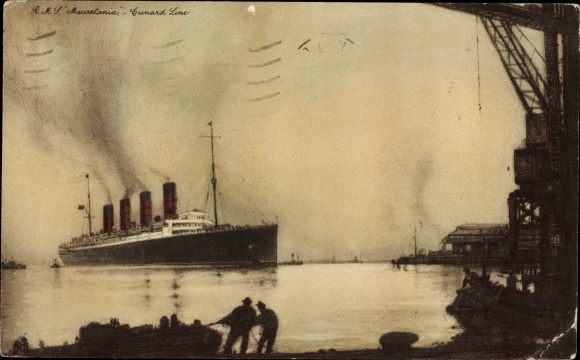 Kunstenaarsbriefkaart D passagiersstoomboot RMS Mauretania, Cunard Line