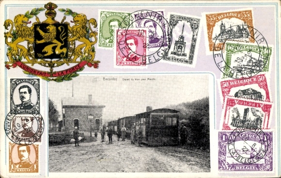 Embossed coat of arms stamps passepartout PC Baconfoy Tenneville Wallonia Luxembourg, railway station