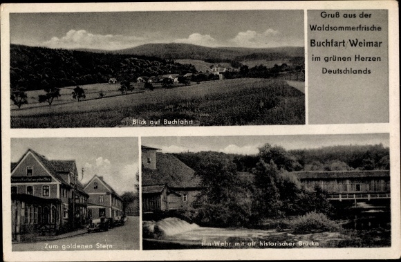 Postcard Buchfart Weimar country, place with surroundings, inn Zum goldenen Stern, weir, bridge