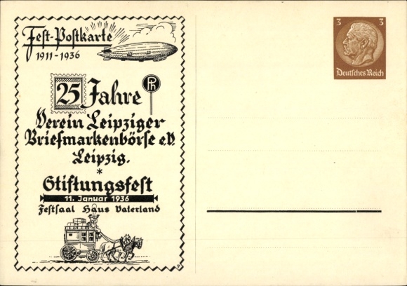 Ganzsachen Ak Leipzig, 25 Jahre Briefmarkenbörse e.V., Stiftungsfest 1936, Festsaal Haus Vaterland