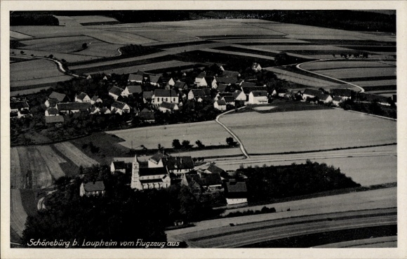 Postcard Schönebürg Schwendi in Upper Swabia, aerial view of Schönebürg, rural surroundings, residential houses
