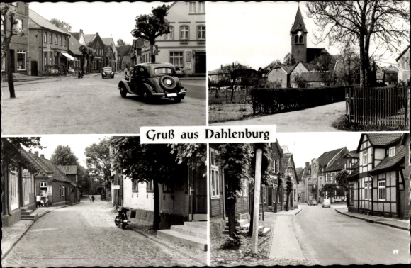 Ak Dahlenburg op de Lüneburger Heide, auto's, kerk, vakwerkhuis