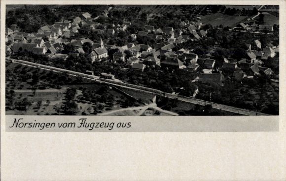 Postcard Norsingen Ehrenkirchen im Breisgau, aerial view of houses, landscape, rail traffic