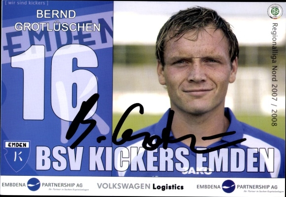 Karta autografu piłkarza Bernda Grotlüschena, BSV Kickers Emden, autograf