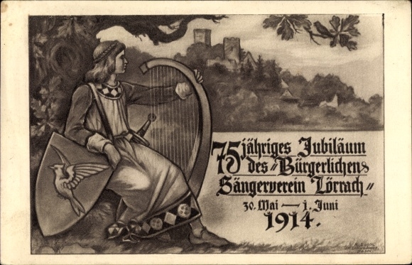 Coat of arms artist PC Lörrach in Baden, singers&#39; competition 1914, singers&#39; association, harp