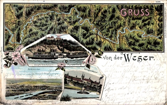 Chromo-Litho maps of Hameln in Lower Saxony, steamer prince Bismarck, Karlshafen