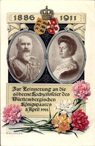 Artist Postcard Schnorr, King Wilhelm II of Württemberg, Queen Charlotte, Silver Wedding 1911, Coat of Arms