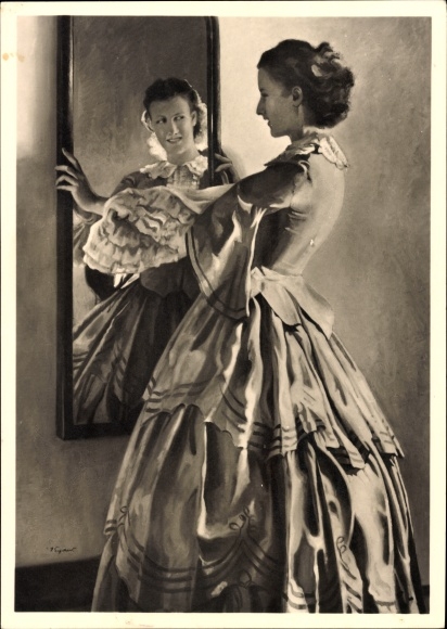 Artist PC Engelhard, Jul., In front of the mirror, HDK 443, lady in a dress, ruffles, Photo Hoffmann