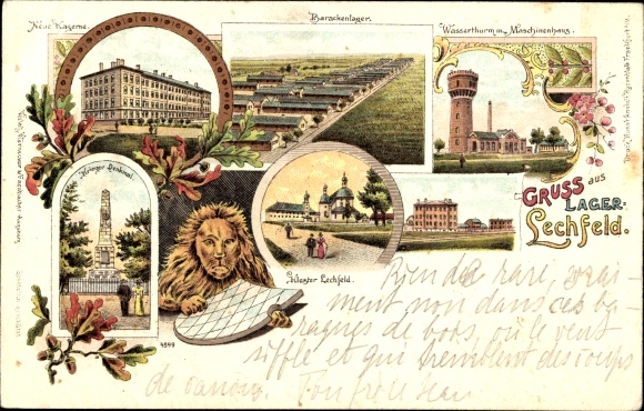 Chromo-Litho camp Lechfeld Graben Swabia, barracks camp, barracks, waterworks, war memorial