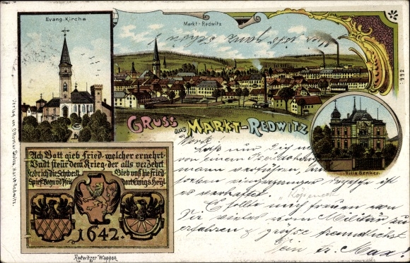 lito Marktredwitz w Fichtelgebirge, kościół ewangelicki, Villa Benker, widok ogólny, herb