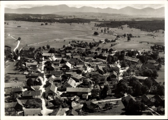 Postcard Huglfing in Upper Bavaria, aerial view of rural surroundings, no people visible