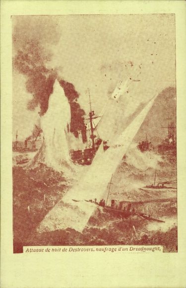 Artist Postcard British warships in battle, night attack, destroyer, dreadnought