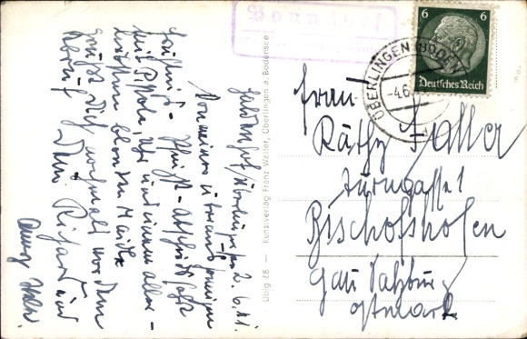 Krajowy stempel pocztowy Bonndorf Überlingen (Jezioro Bodeńskie), 4 czerwca 1941 na pocztówce Überlingen