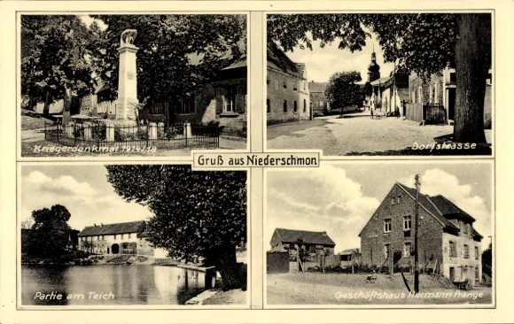 Ak Niederschmon Schmon Querfurt im Saalekreis, Kriegerdenkmal, Dorfstraße, Partie am Teich, Gesch