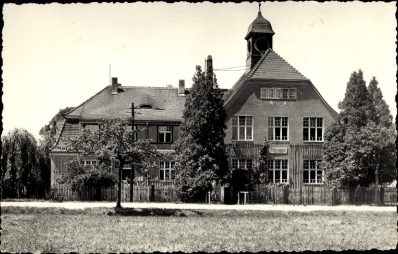 Postcard Gelenau in the Ore Mountains, historic school building, trees, meadow, black and white photography