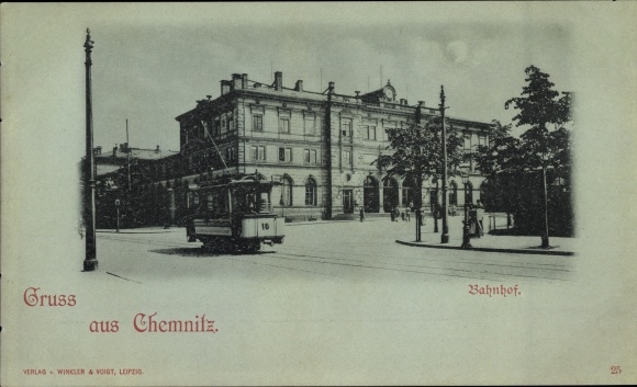 Moonlight Postcard Chemnitz in Saxony, train station, tram