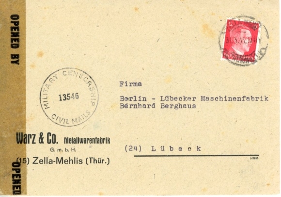 Michel nr 827 w sprawie listu, zwrot Zella Mehlis 31 marca 1945, cenzura