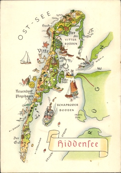 Landkarten Ak Insel Hiddensee Ostsee, Vitte, Neuendorf, Plogshagen, Neuendorf, Bodden, Kloster