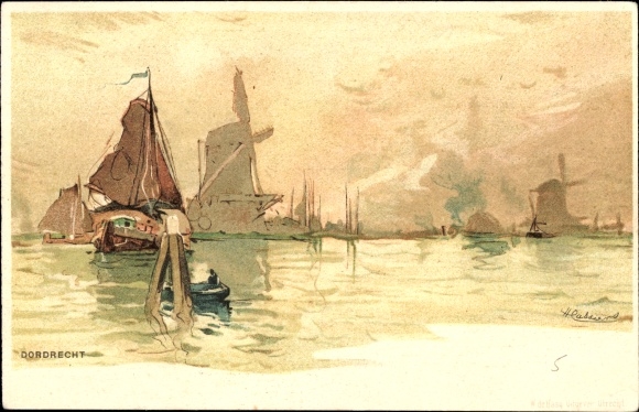 Artist Chromo-Litho Cassiers, H., Dordrecht South Holland Netherlands, windmills, water