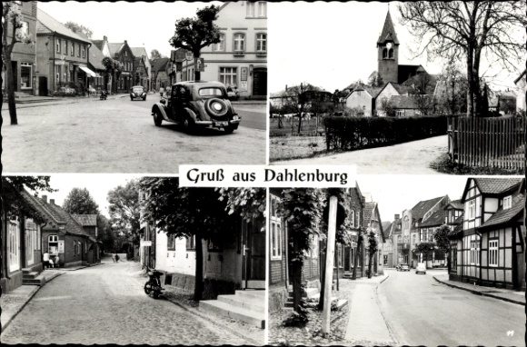 Ak Dahlenburg in de Lüneburger Heide, auto's, kerk, vakwerkhuis