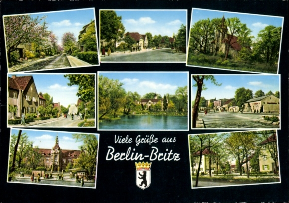 Postcard Berlin Neukölln Britz, partial views, church, street section, coat of arms