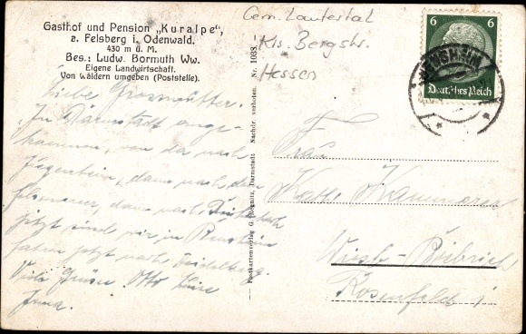 Postcard Felsberg in the Odenwald Hesse, inn and guesthouse Kuralpe