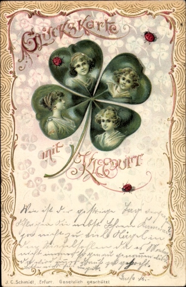 Embossed litho lucky card with clover scent, women in clover leaves, ladybugs