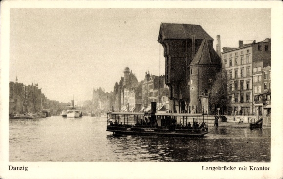 Postcard Gdańsk Danzig, Long Bridge with Crane Gate, Motlawa, Observatory