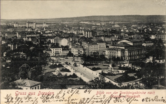Postcard Dresden Neustadt, view from the Dreikönigskirche, Neustadt, green and old buildings