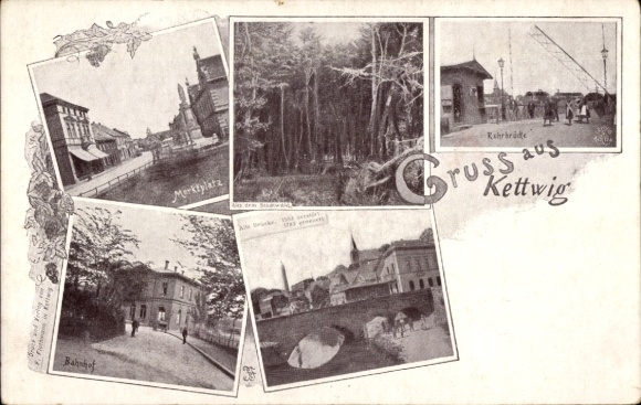 Postcard Kettwig Essen in the Ruhr area, market square, train station, Ruhr bridge, old bridge