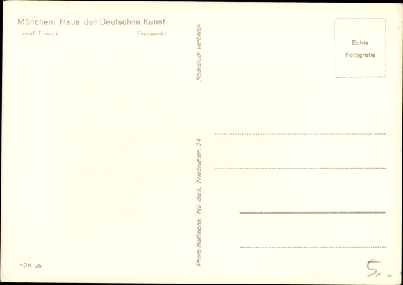 Postcard plastic by Josef Thorak, female nude, HDK 96