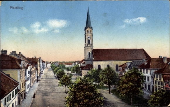 Postcard Plattling in Lower Bavaria, church