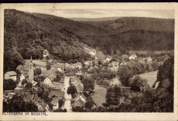 Postcard Altenbrak Thale in the Harz Mountains, rocky landscape, church tower, small houses, forest landscape