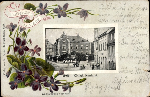 Passepartout-ansichtkaart in reliëf Selb in het Fichtelgebirge Oberfranken, Royal Rentamt, viooltjes