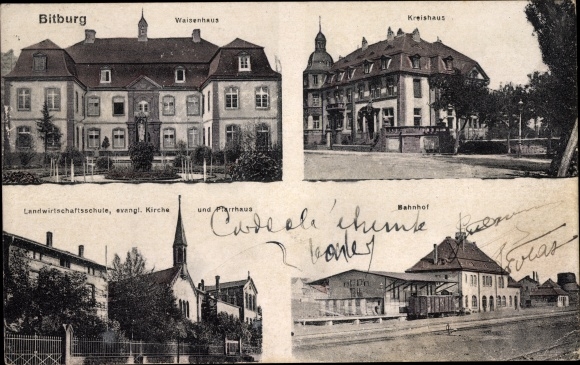 Ak Bitburg in de Eifel, treinstation, spoorzijde, landbouwschool, weeshuis, wijkhuis