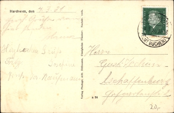 PC Hardheim im Odenwald Baden, convalescent home, castle, schoolhouse, total view from Kreuzberg