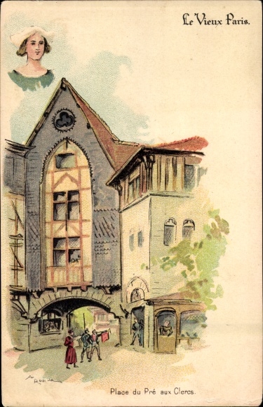 Artist Chromo-Litho Robida, Albert, Old Paris, Cour du Pre aux Clercs