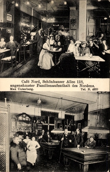 Postcard Berlin Prenzlauer Berg, Café Nord, guests, pool tables, Schönhauser Allee 118