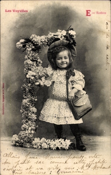 letters Postcard E, girl portrait, flowers
