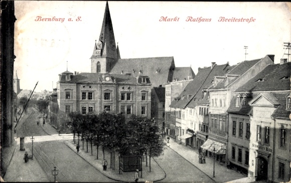 Postcard Bernburg an der Saale, market, town hall, Breitestraße, city view, old architecture, trees