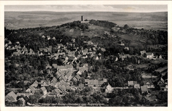 Postcard Weiler Sinsheim in Baden, Burg Steinsberg, aerial photograph