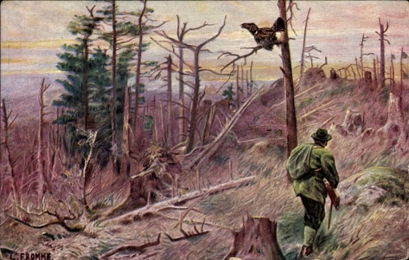 Artist Postcard Fromme, Ludwig, hunter, capercaillie on a tree
