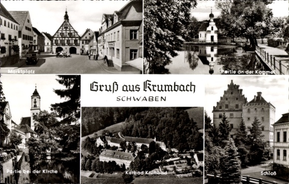 Postcard Krumbad Krumbach in the Swabian district of Günzburg, spa, castle, church, aerial photograph
