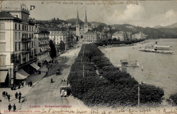 Postcard Lucerne City Switzerland, Schweizerhofkai, tram, salon steamer, Fourrures Furs, church